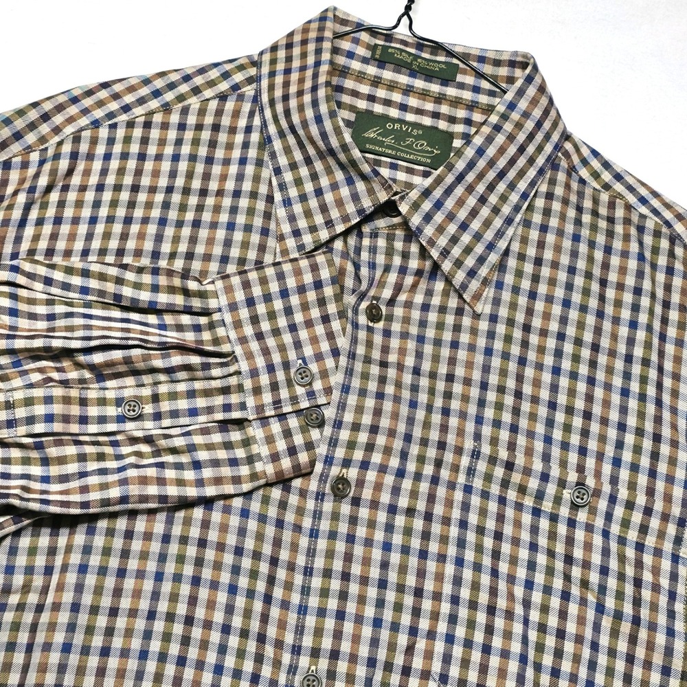 Orvis Button Down Shirt Men's XL Multi Color Silk Wool Blend Plaid Long Sleeve